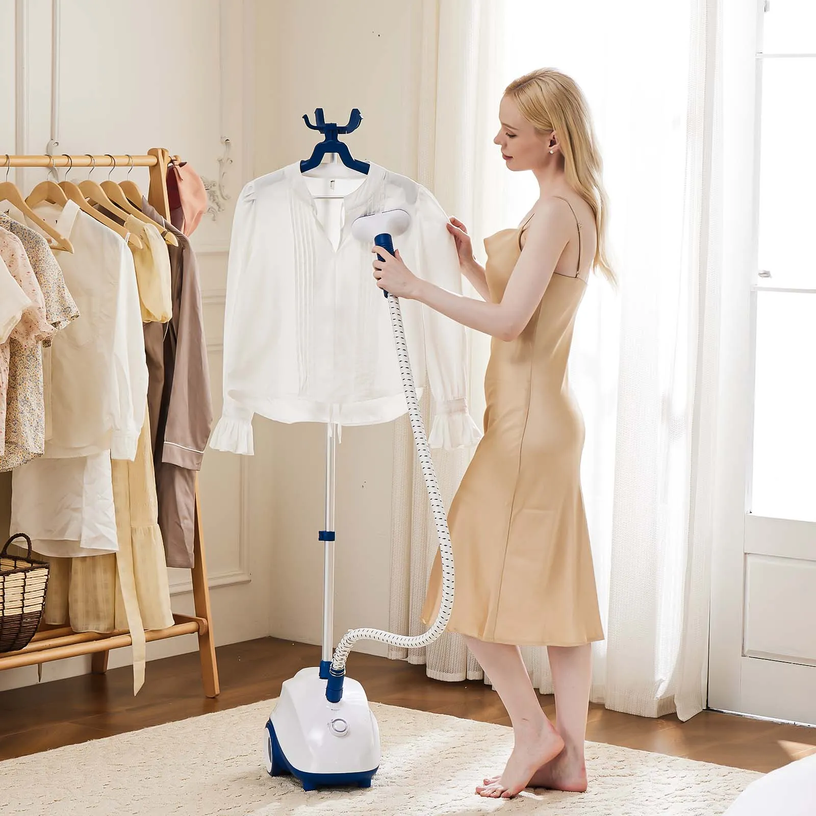 Standing Garment Steamer, with Roll Wheels for Easy Movement, Adjustable Pole for Storage，Professional Wrinkle Remover