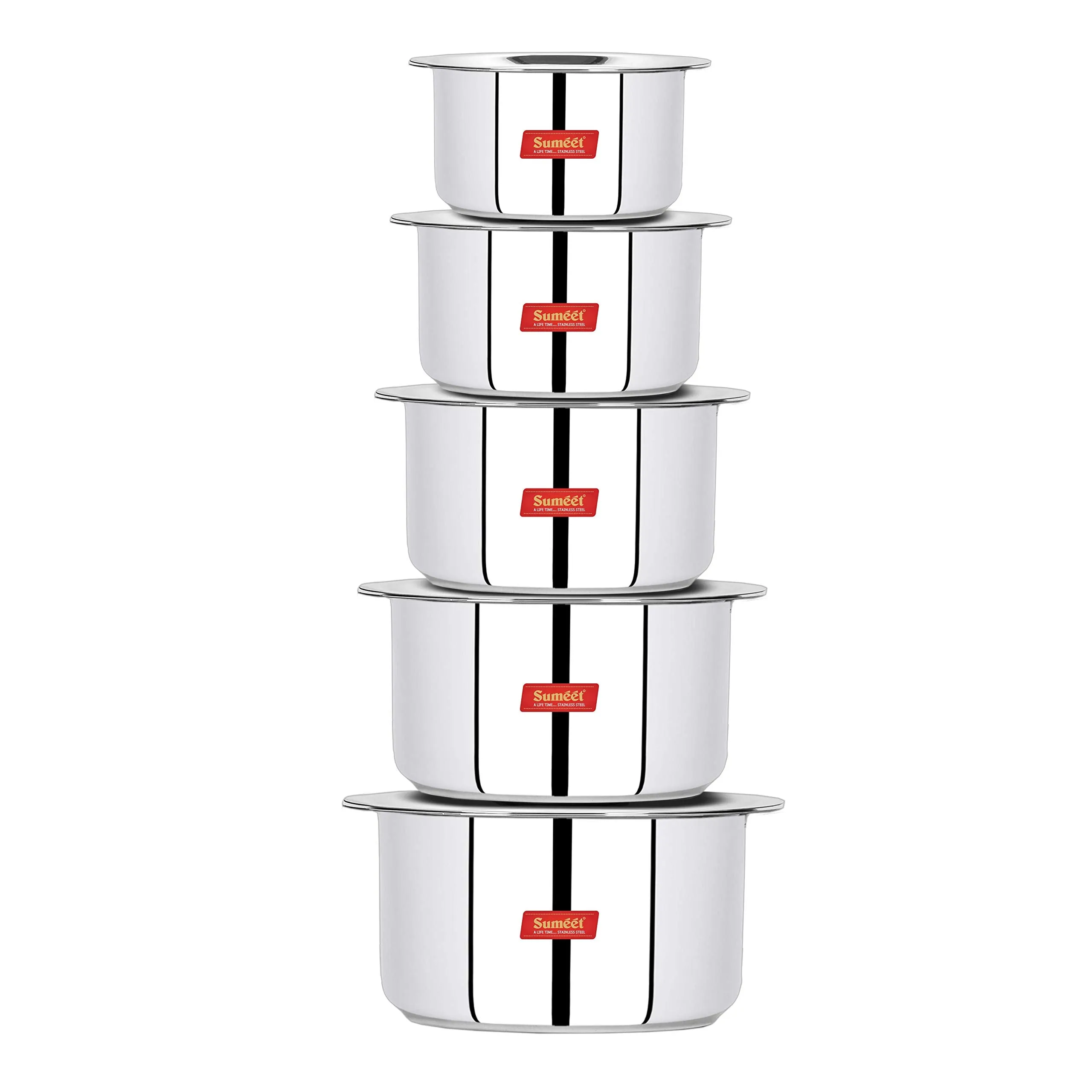 Sumeet Stainless Steel Cookware Set With Lid, 1 L to 3 Liter, 10 Piece (White), Polished