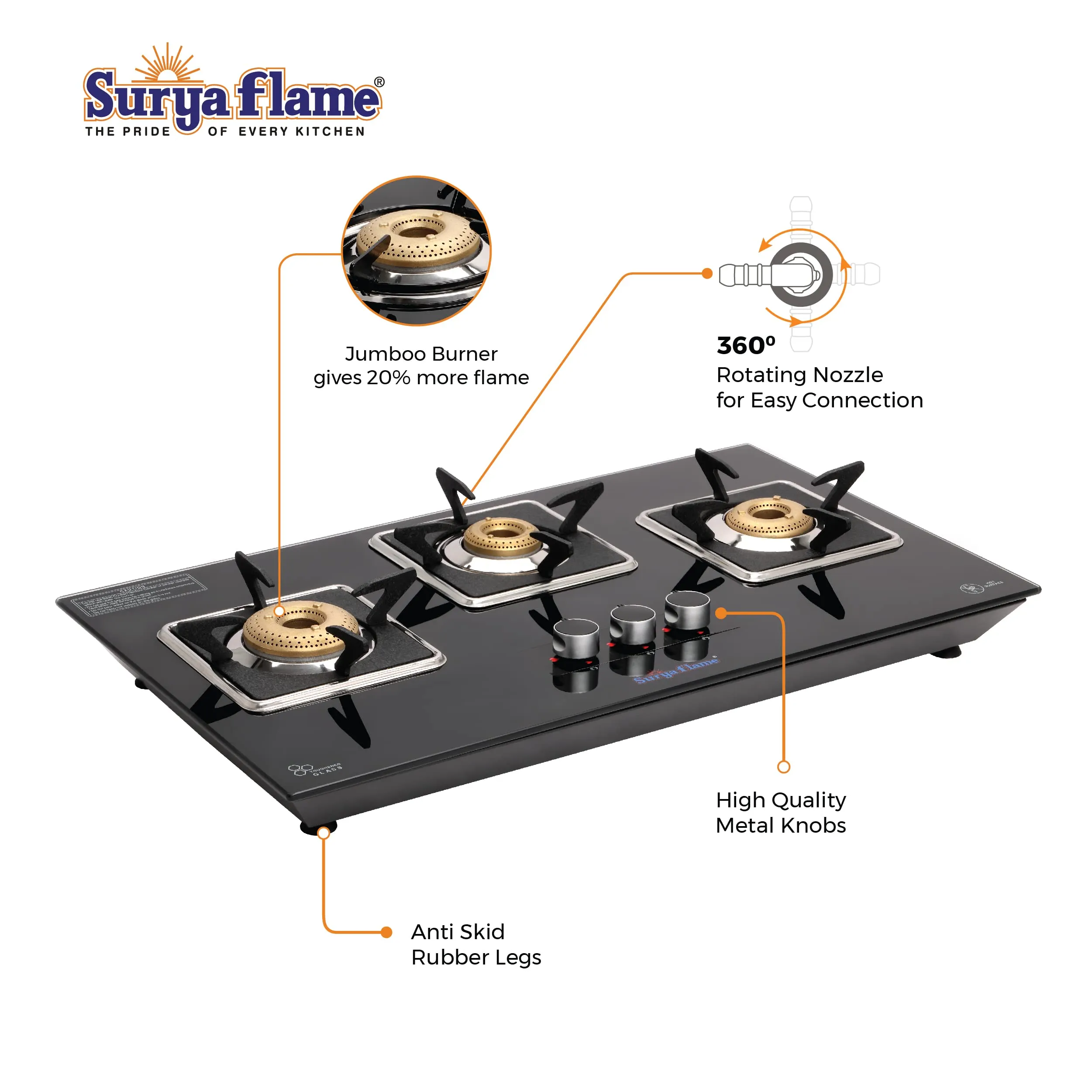 Surya Flame Apollo Square Hob Top 3 Burners Manual Glass Stove | LPG Gas Dual Layer Rubber Hose Pipe 1.5M | Stainless Steel Elegant Gas Stove Lighter With Knife, Peeler Knife and Shredder (Pack of 4)