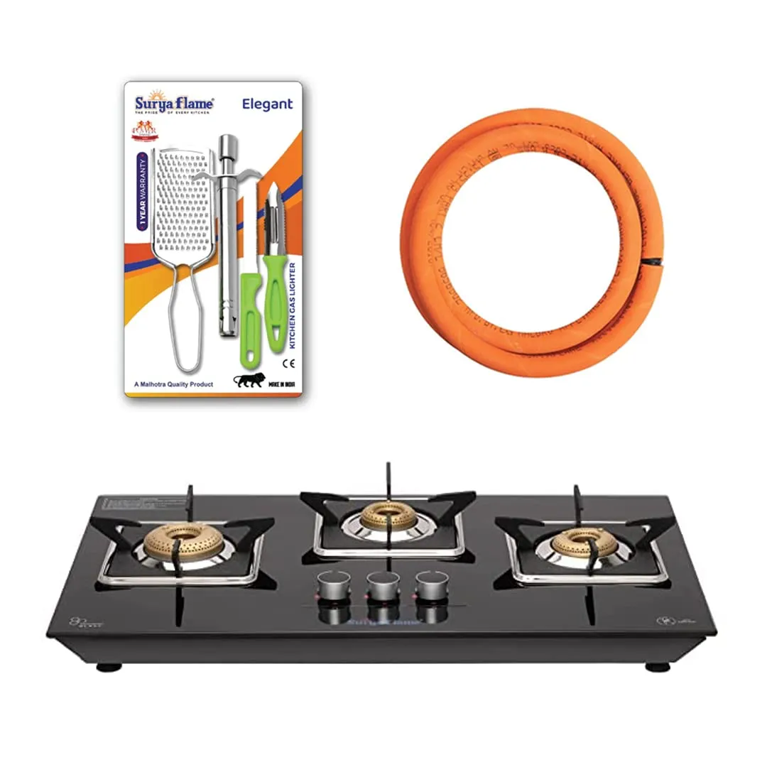 Surya Flame Apollo Square Hob Top 3 Burners Manual Glass Stove | LPG Gas Dual Layer Rubber Hose Pipe 1.5M | Stainless Steel Elegant Gas Stove Lighter With Knife, Peeler Knife and Shredder (Pack of 4)