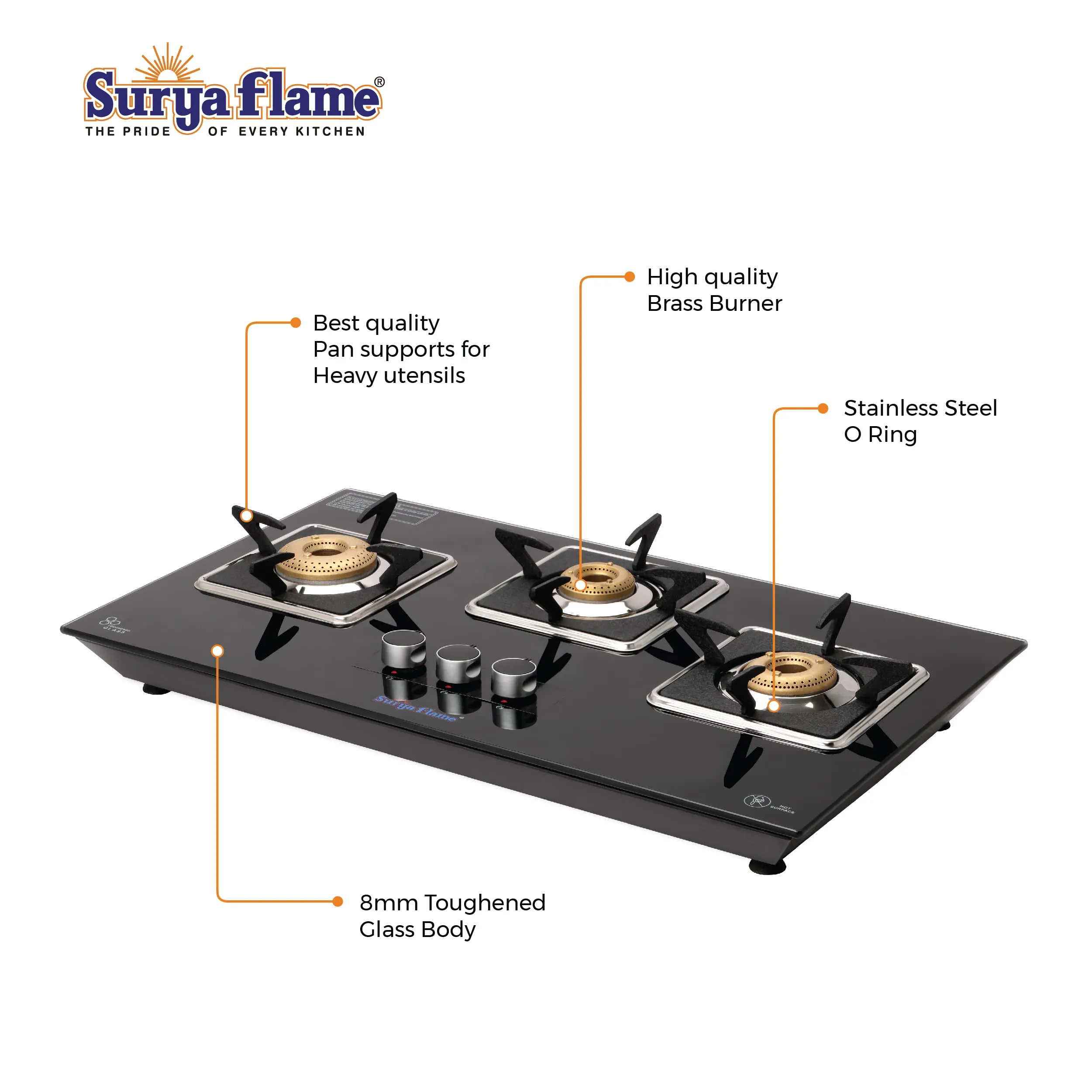 Surya Flame Apollo Square Hob Top 3 Burners Manual Glass Stove | LPG Gas Dual Layer Rubber Hose Pipe 1.5M | Stainless Steel Elegant Gas Stove Lighter With Knife, Peeler Knife and Shredder (Pack of 4)