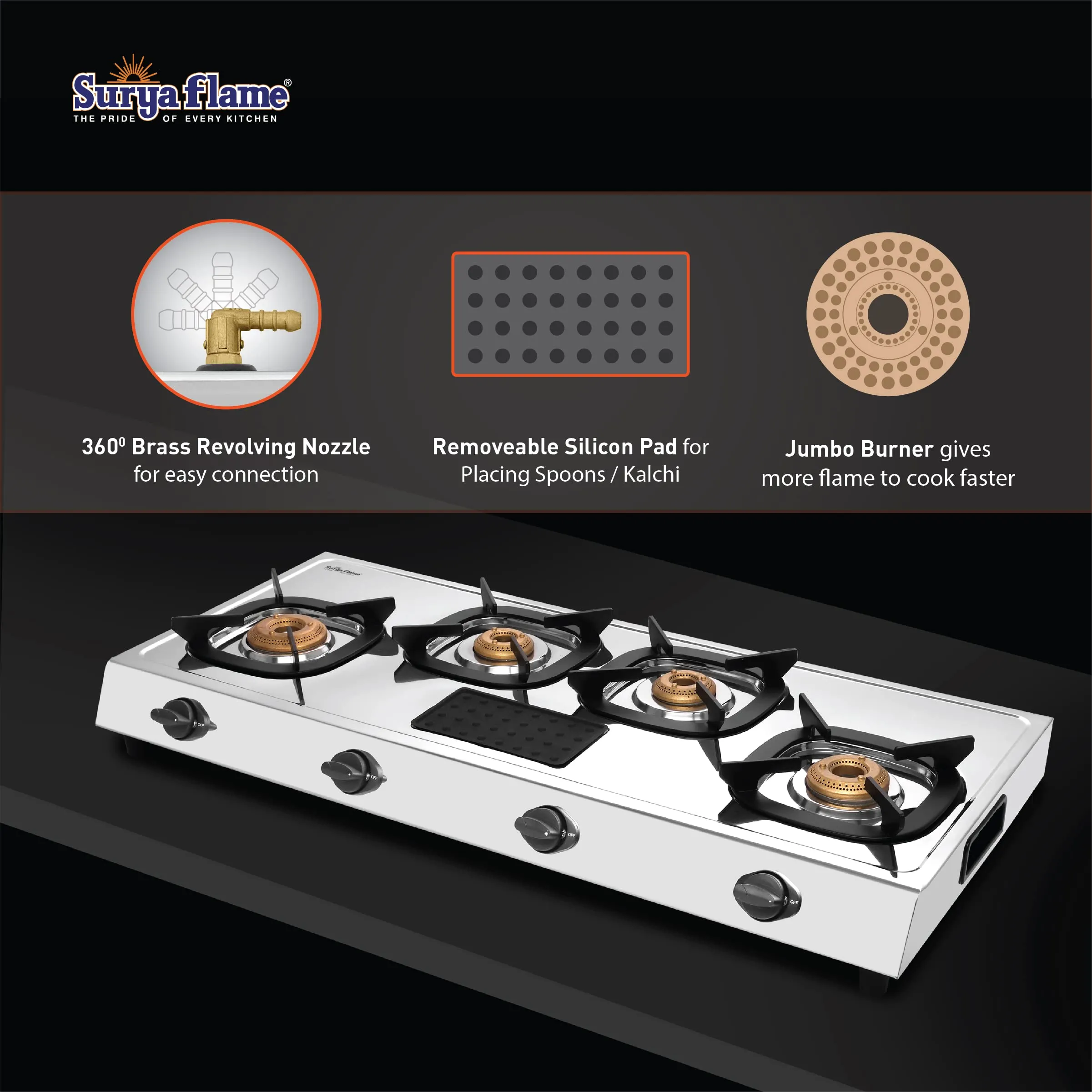 Surya Flame Force Gas Stove 4 Burner LPG Stove with Stainless Steel Pan Support Anti Skid Rubber Legs - 2 Years Complete Doorstep Warranty