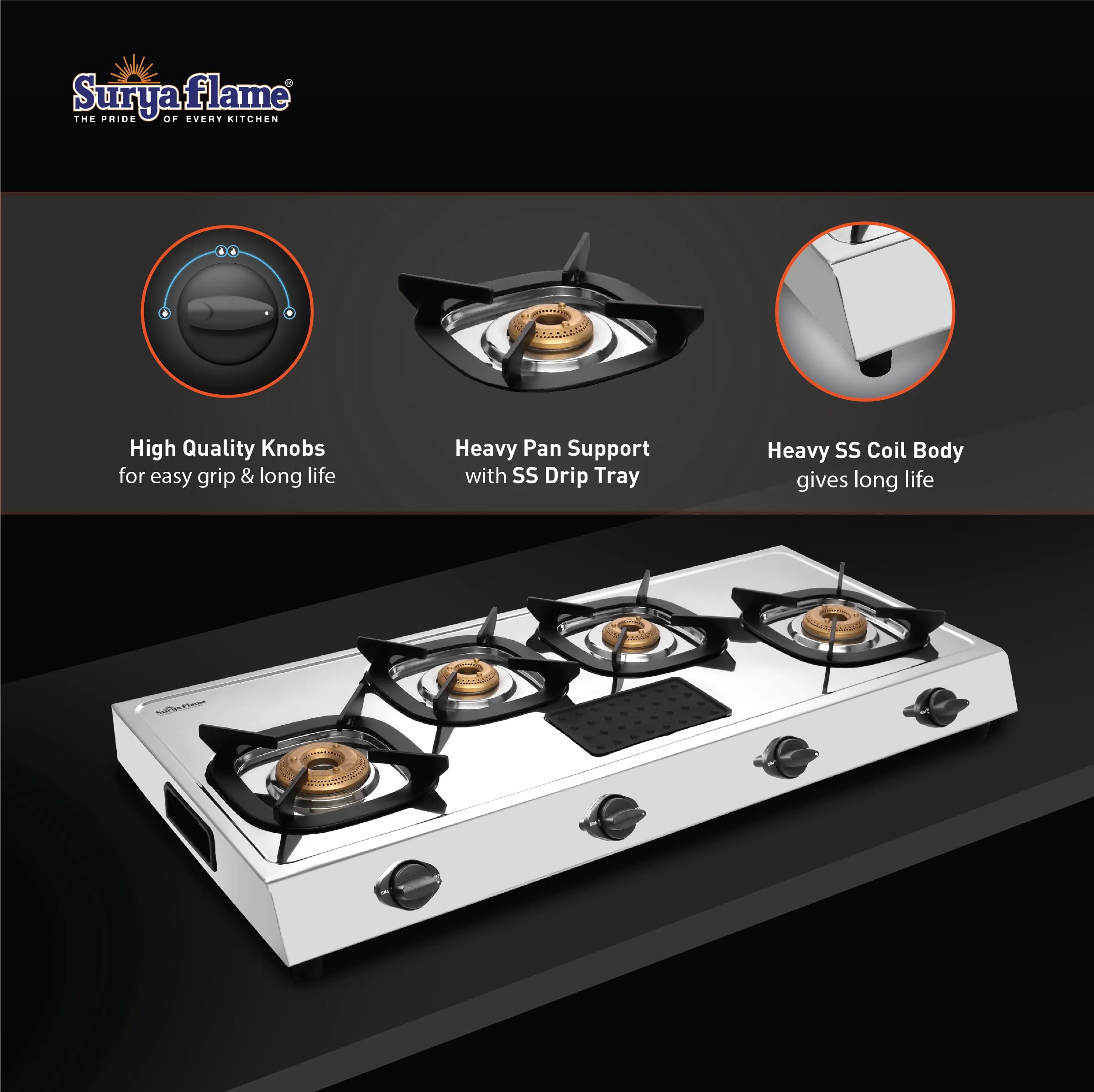 Surya Flame Force Gas Stove 4 Burner LPG Stove with Stainless Steel Pan Support Anti Skid Rubber Legs - 2 Years Complete Doorstep Warranty