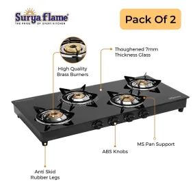 Surya Flame Lifestyle Gas Stove 4 Burners Glass Top | Powder Coted Black Body | LPG Stove with Jumbo Burner | Rust Free With Anit Skid Legs - 2 Years Complete Doorstep Warranty(Pack of 2)