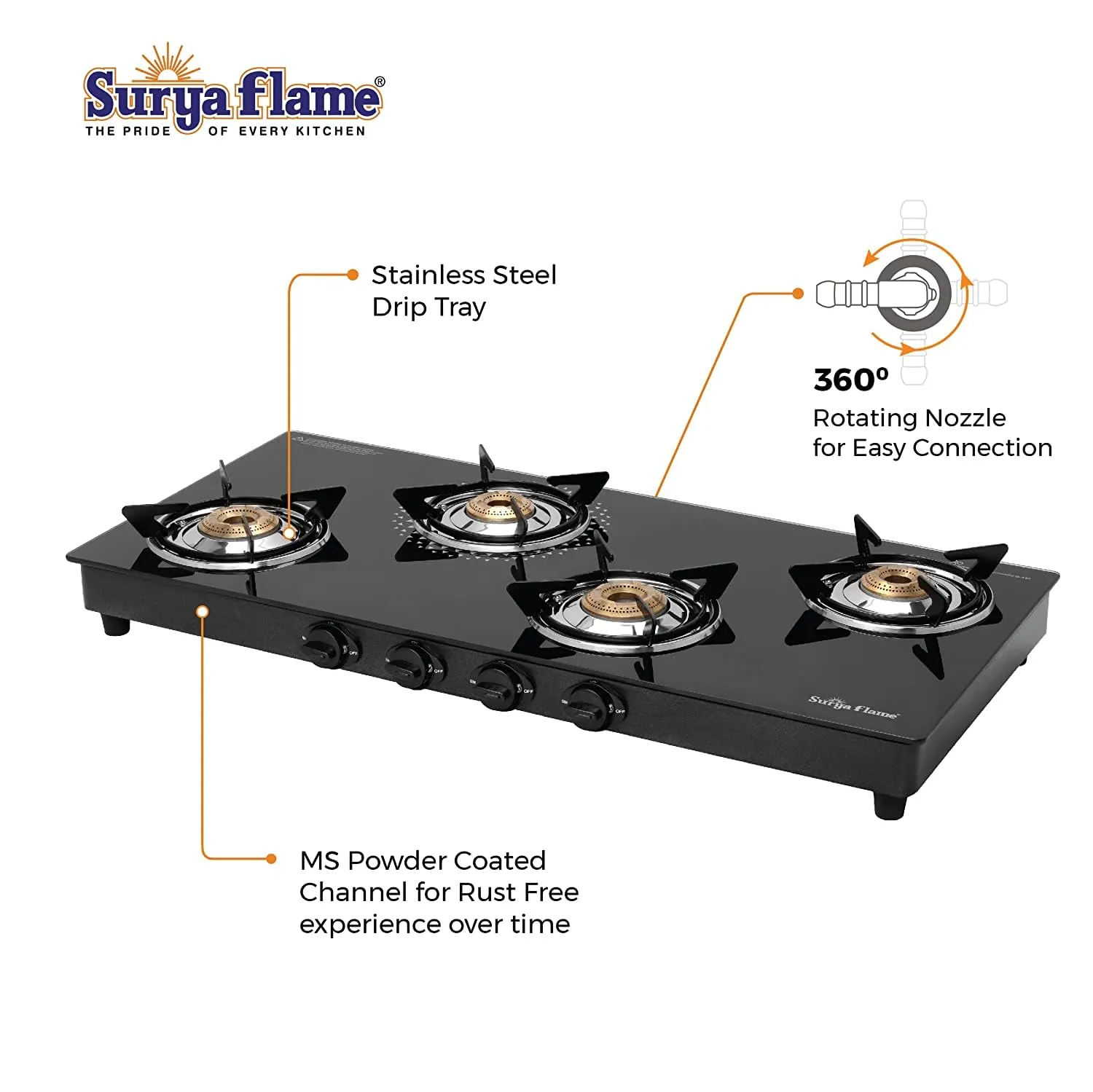 Surya Flame Lifestyle Gas Stove 4 Burners Glass Top | Powder Coted Black Body | LPG Stove with Jumbo Burner | Rust Free With Anit Skid Legs - 2 Years Complete Doorstep Warranty(Pack of 2)