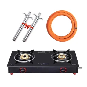 Surya Flame Smart Gas Stove 2 Burners Glass Top LPG Stove | LPG Gas Dual Layer Rubber Hose Pipe 1.5M | Chrome Stainless Steel Gas Lighter (Pack of 2)