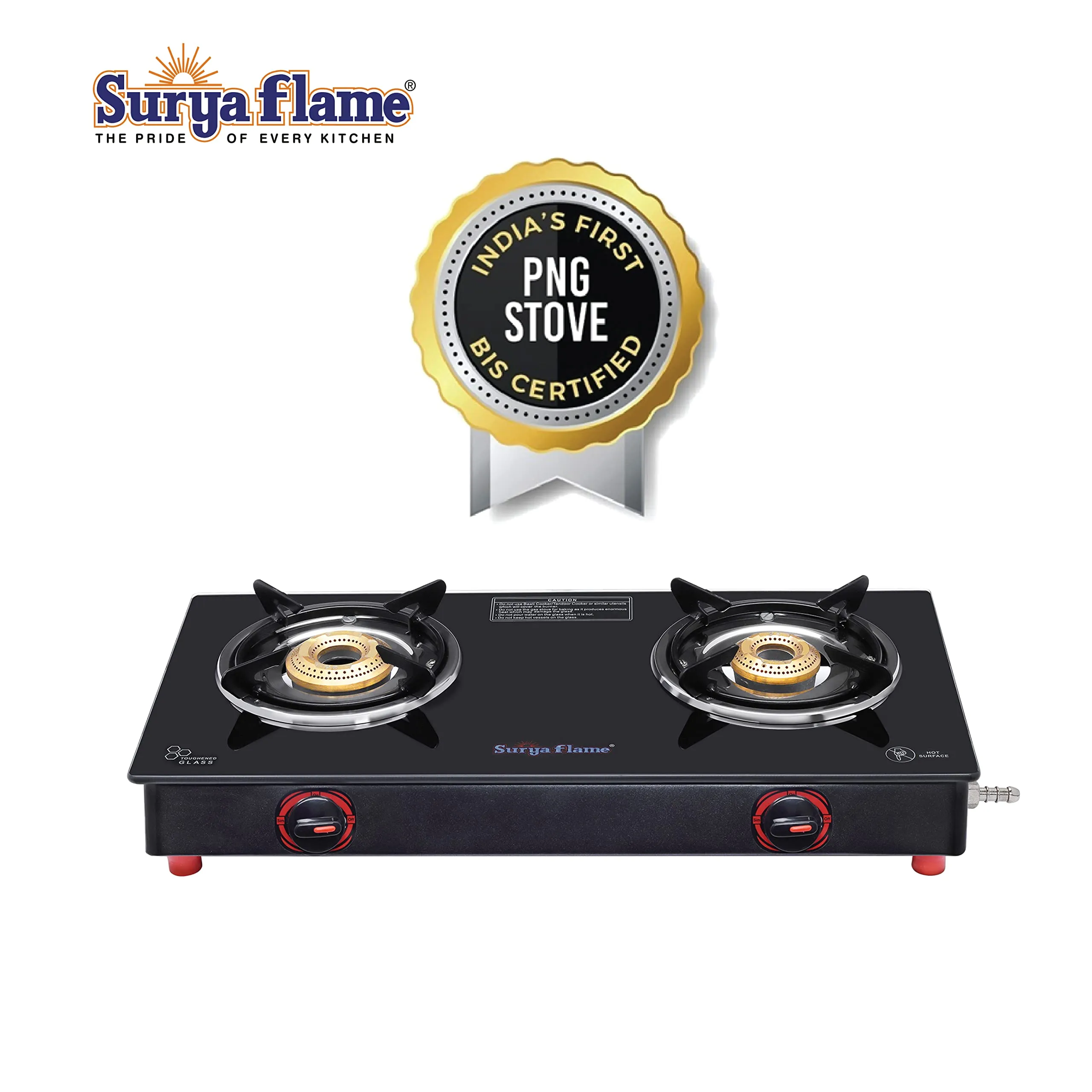 Surya Flame Smart Gas Stove 2 Burners Glass Top LPG Stove | LPG Gas Dual Layer Rubber Hose Pipe 1.5M | Chrome Stainless Steel Gas Lighter (Pack of 2)