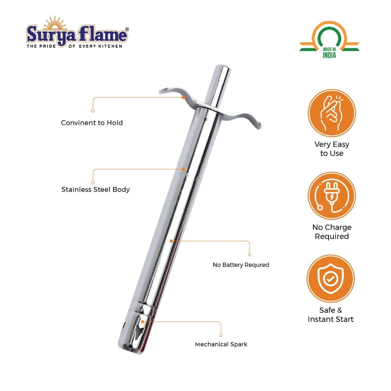 Surya Flame Smart Gas Stove 2 Burners Glass Top LPG Stove | LPG Gas Dual Layer Rubber Hose Pipe 1.5M | Chrome Stainless Steel Gas Lighter (Pack of 2)