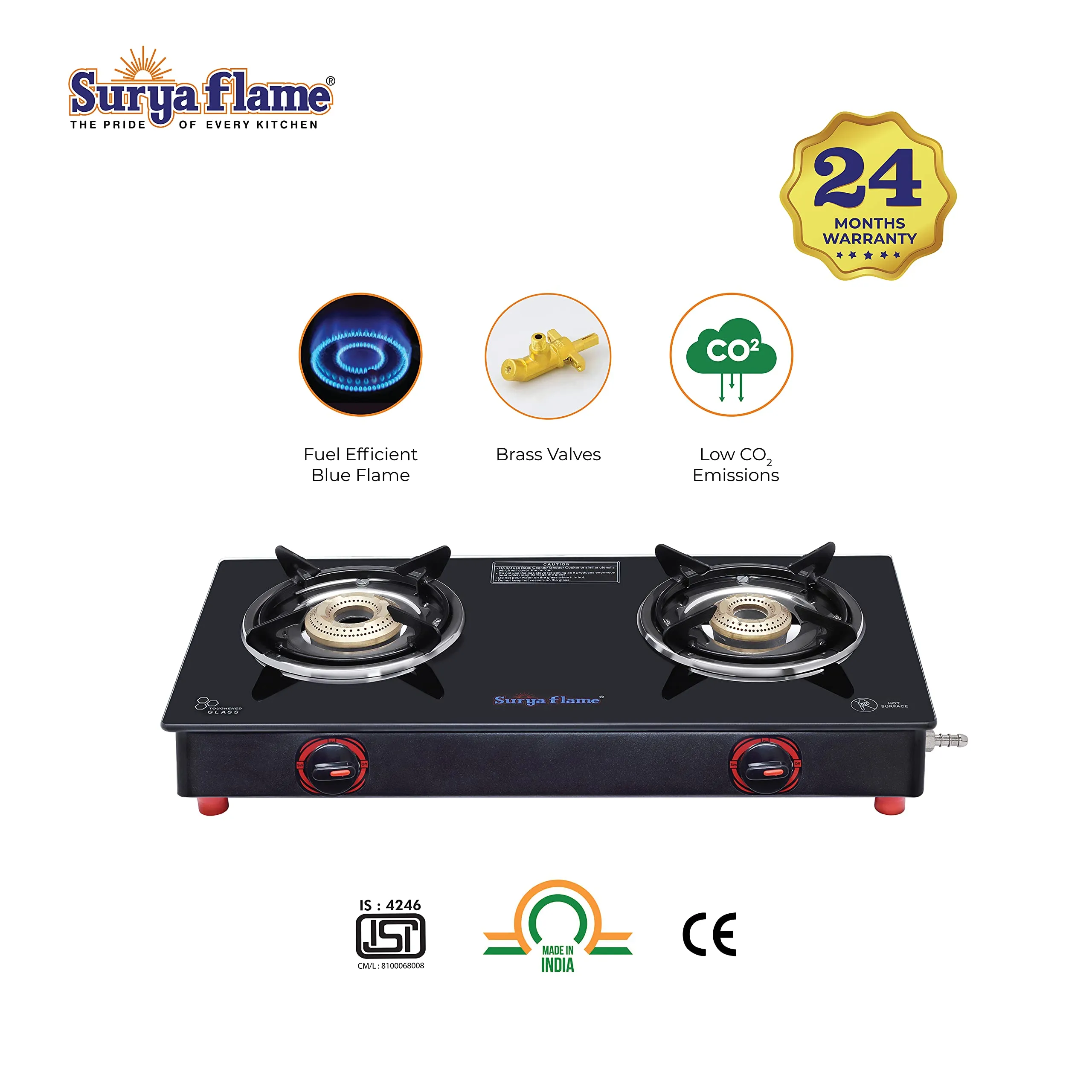 Surya Flame Smart Gas Stove 2 Burners Glass Top LPG Stove | LPG Gas Dual Layer Rubber Hose Pipe 1.5M | Chrome Stainless Steel Gas Lighter (Pack of 2)