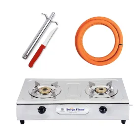 Surya Flame Ultimate Gas Stove 2 Burners Manual LPG Stove | LPG Gas Dual Layer Rubber Hose Pipe 1.5M | Premier Stainless Steel Gas Lighter with Knife