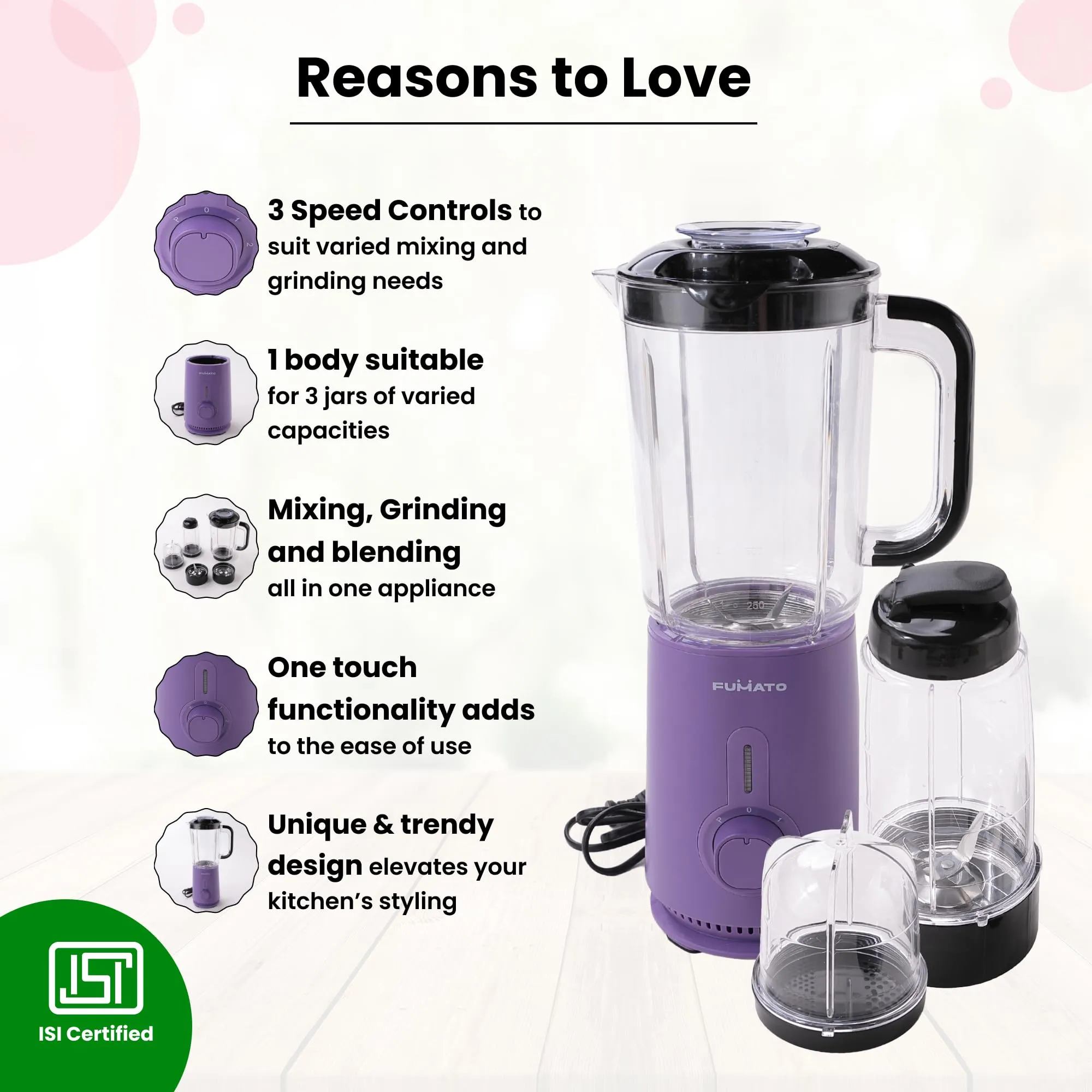 The Better Home FUMATO Juicer Mixer Grinder- 400 Watts (3 Jars, 2 Blades) | Nutri Blender for Smoothie and Juices | 1 Year Warranty (Purple)