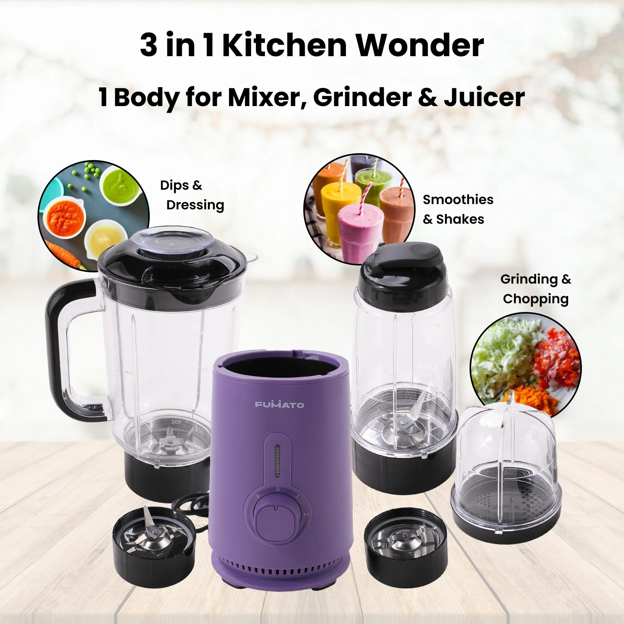 The Better Home FUMATO Juicer Mixer Grinder- 400 Watts (3 Jars, 2 Blades) | Nutri Blender for Smoothie and Juices | 1 Year Warranty (Purple)