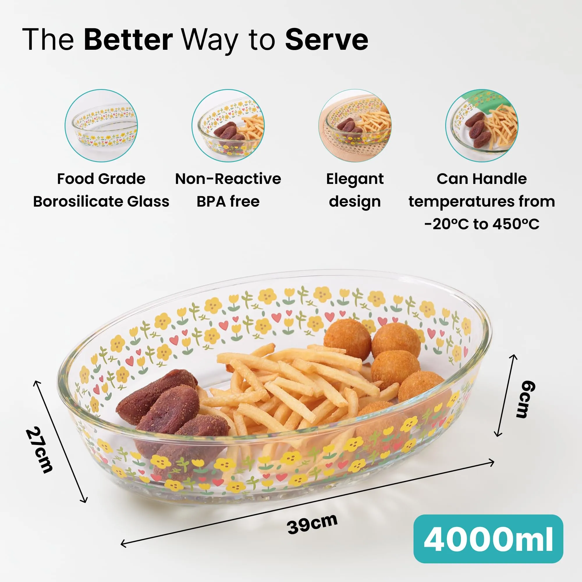 The Better Home Zeno Printed Oval (4 L) Borosilicate Glass Baking Tray For Microwave Oven| Baking Dish | Baking Pan | Bake & Serve Dish | Bakeware | Glass Bowl For Microwave | Dishwasher Safe