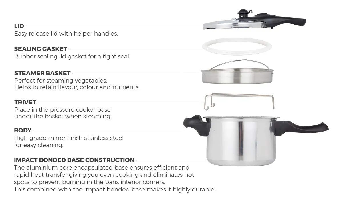 Tower 6 Litre Stainless Steel Pressure Cooker 22cm - Silver