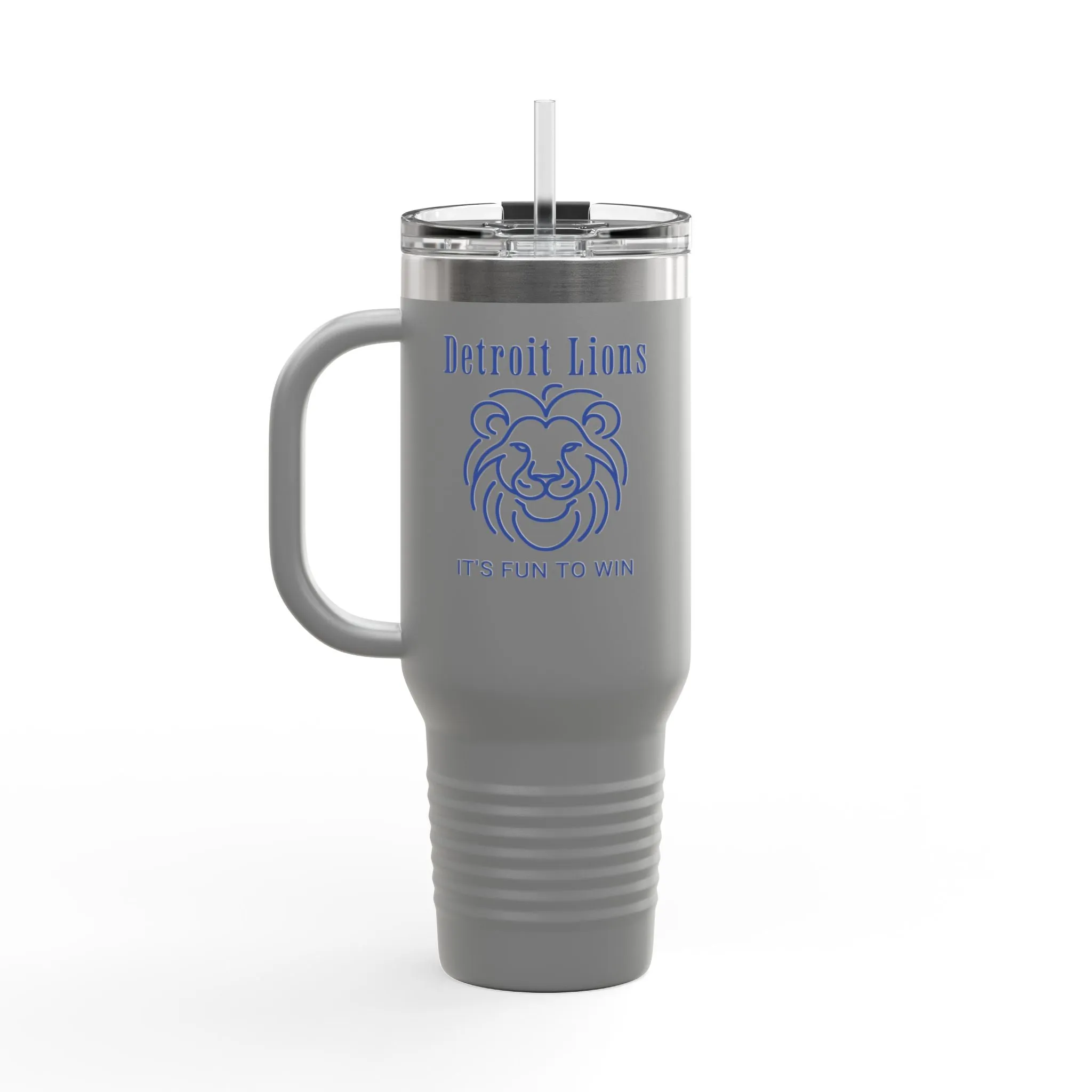 Travel Mug features a quote, "Detroit Lions, It's Fun to Win"