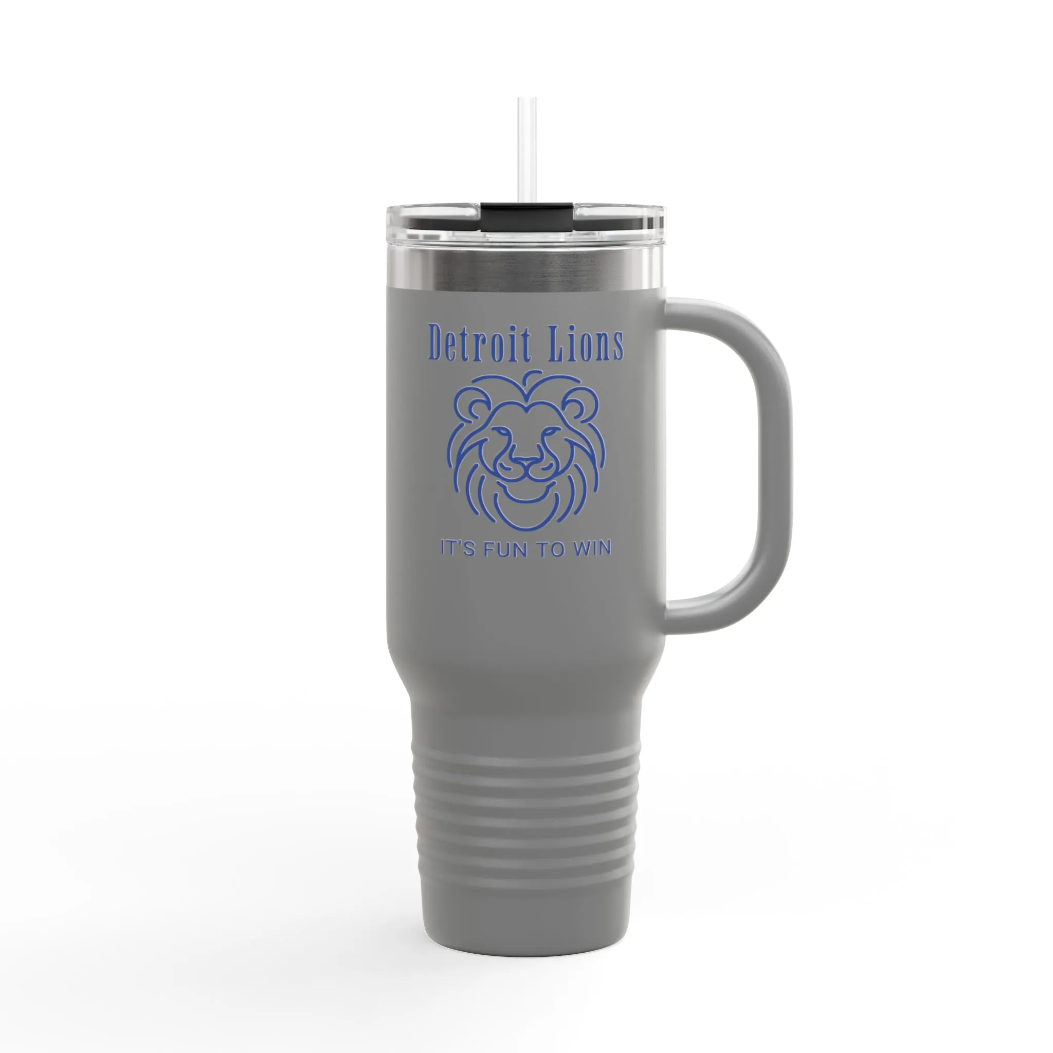 Travel Mug features a quote, "Detroit Lions, It's Fun to Win"