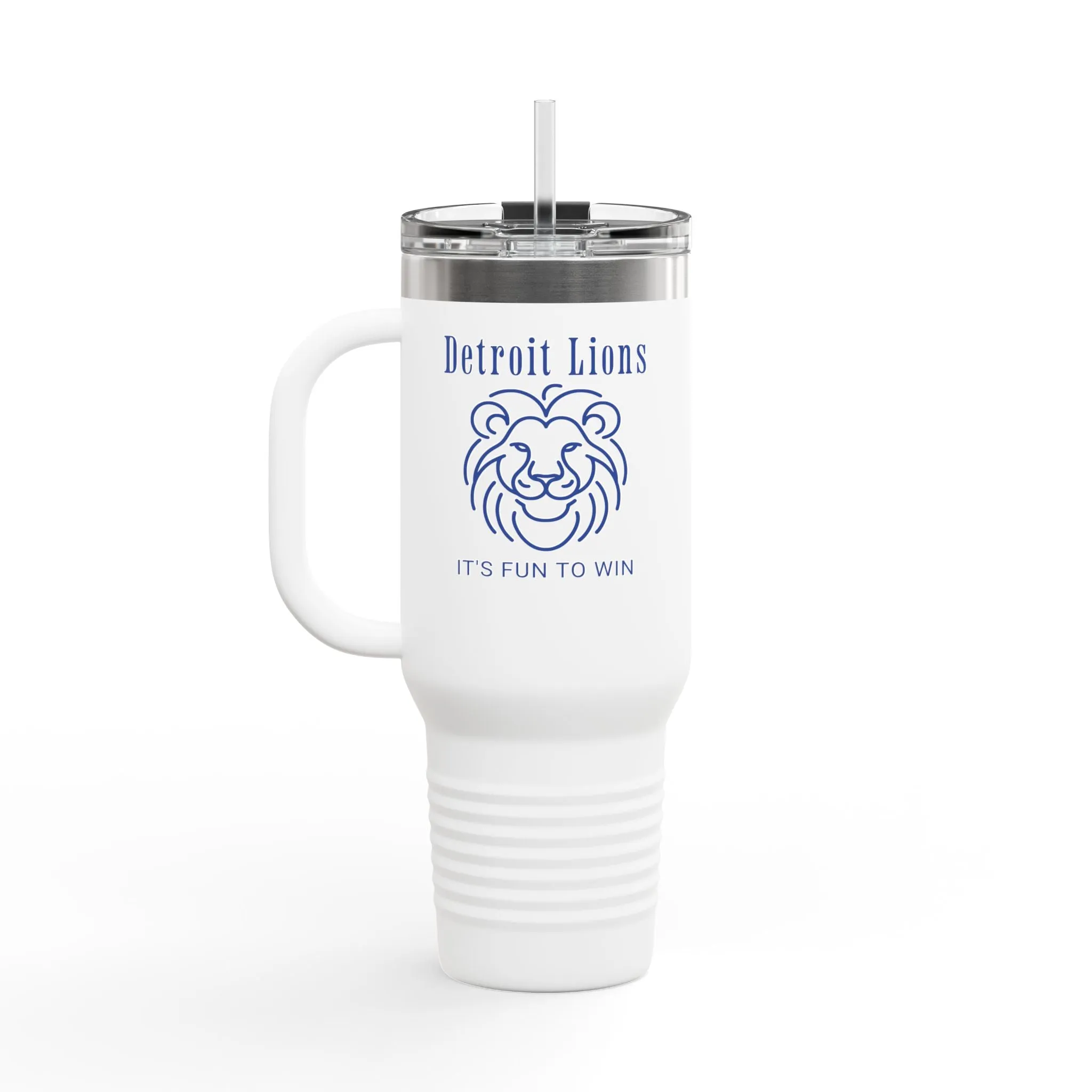 Travel Mug features a quote, "Detroit Lions, It's Fun to Win"