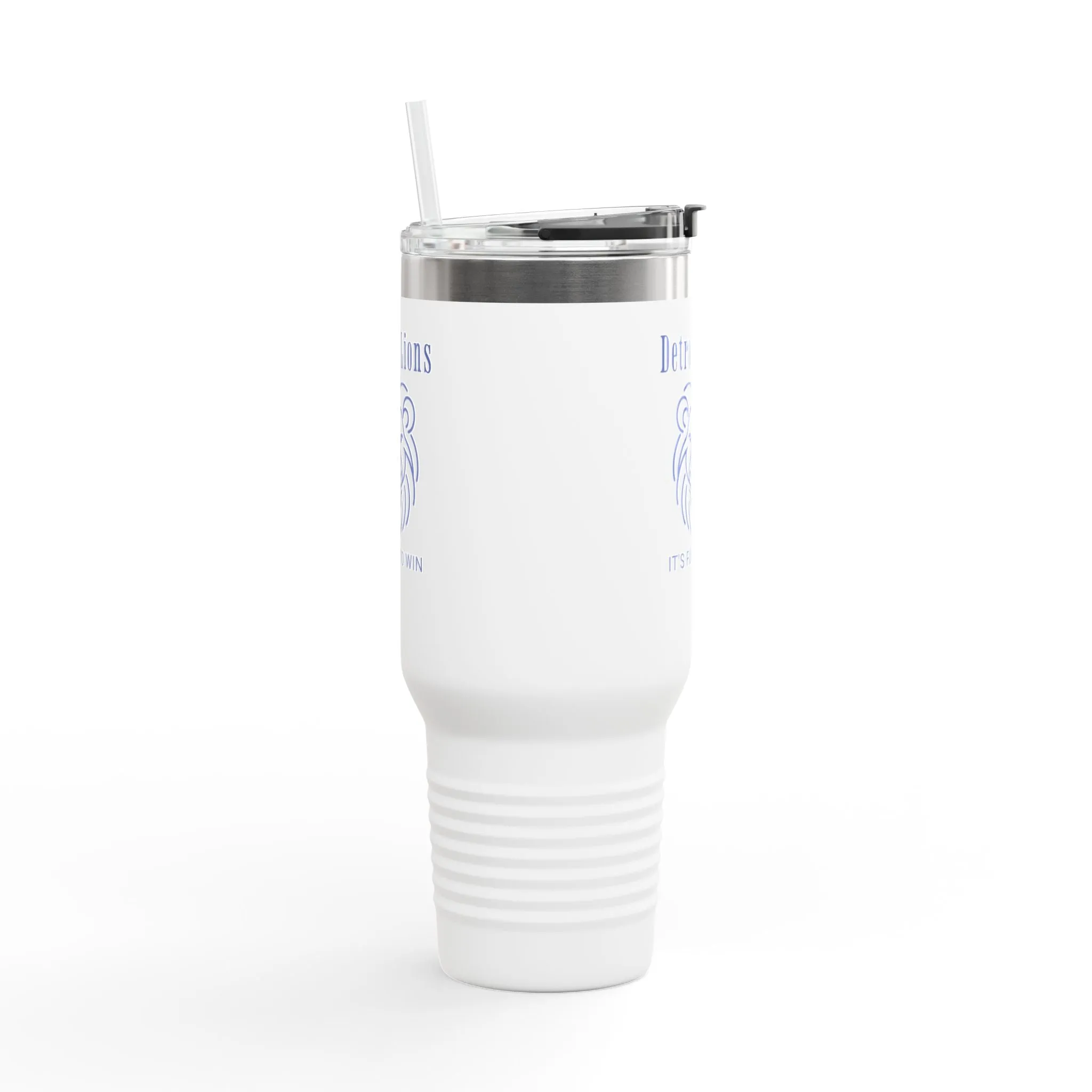 Travel Mug features a quote, "Detroit Lions, It's Fun to Win"