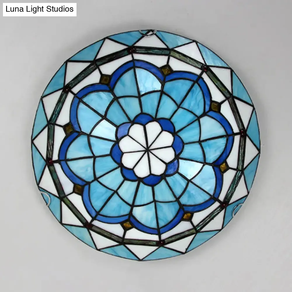 Vintage Stained Glass Flush Mount Ceiling Light in Blue - 12"/16" Bowl Shape