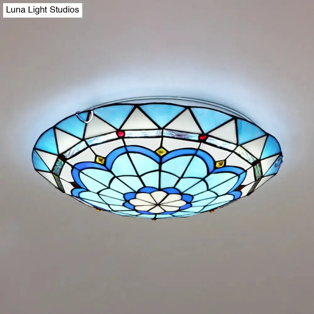 Vintage Stained Glass Flush Mount Ceiling Light in Blue - 12"/16" Bowl Shape