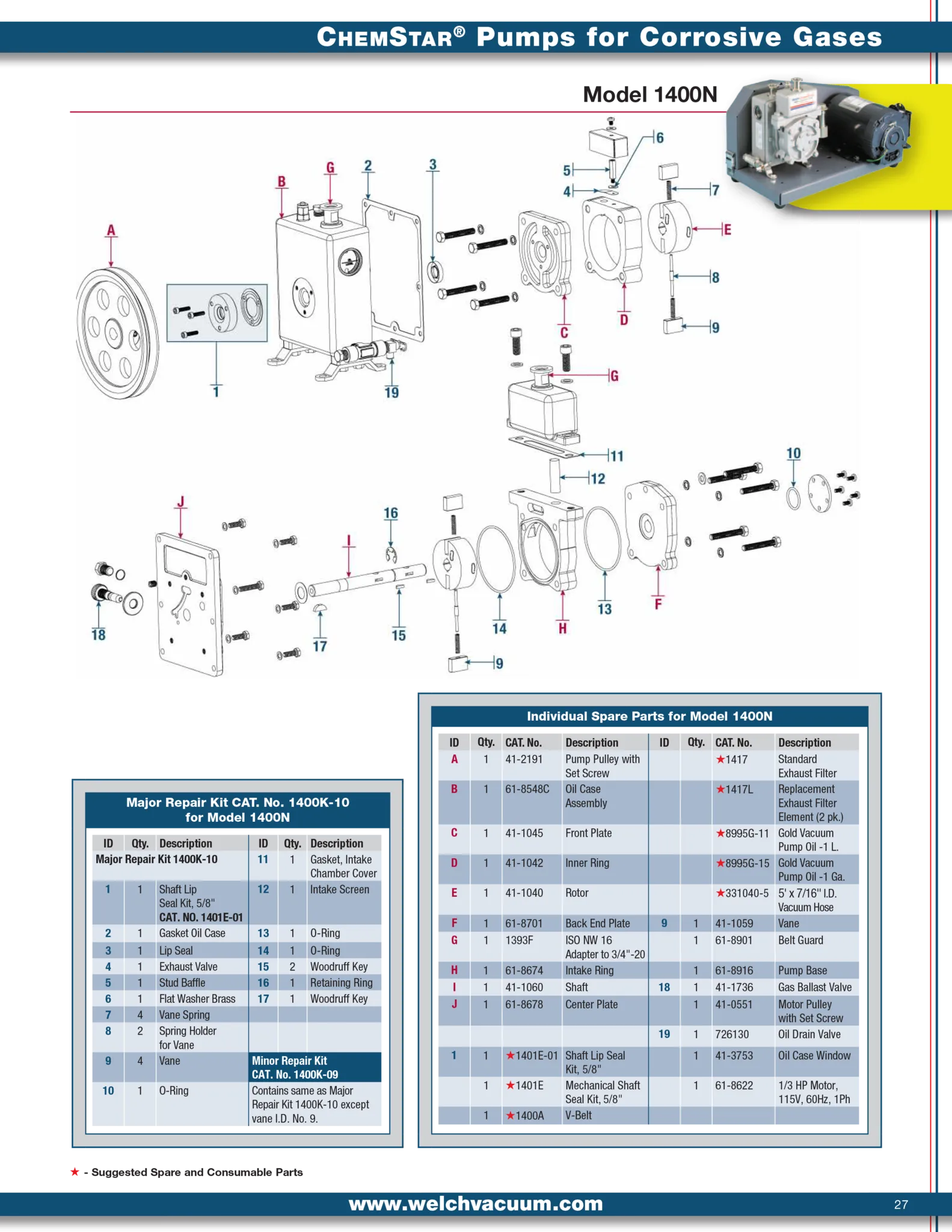 Welch 1400K-09 Chemstar MINOR REPAIR KIT, for 1400N Vacuum Pump