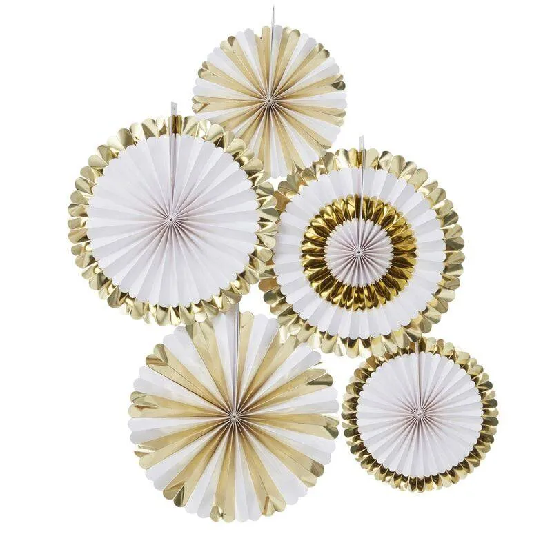 White and Gold Foiled Paper Fan Backdrop Decoration - Pack of 5 S7132