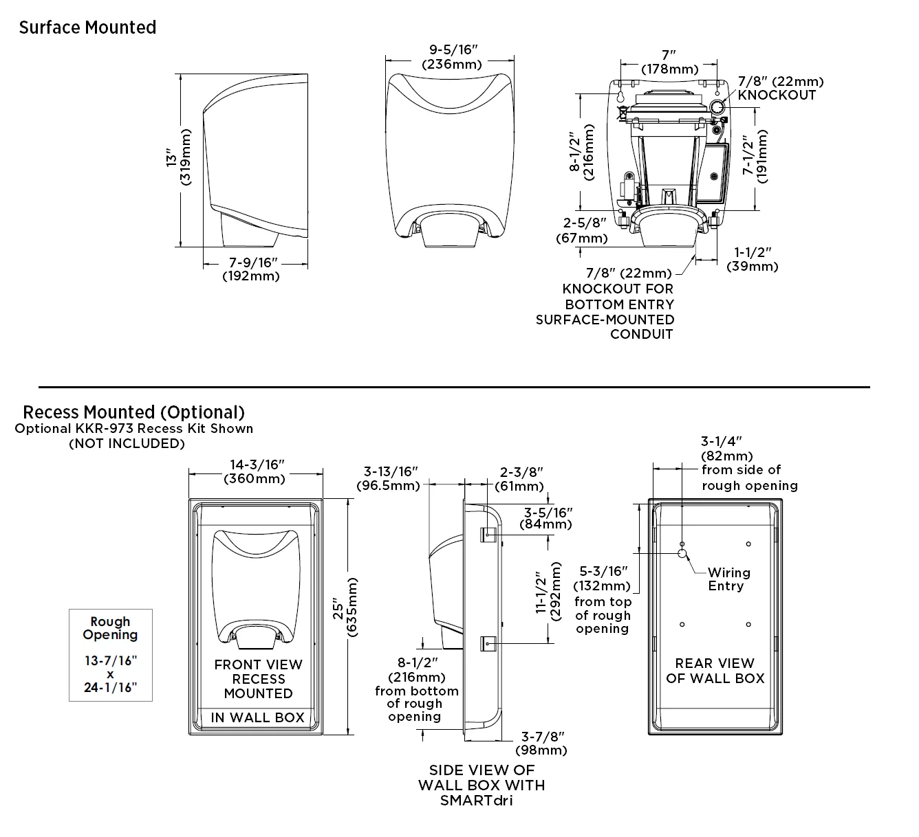 WORLD DRYER® K-162P2 SMARTdri® Plus Hand Dryer -  Black Epoxy on Aluminum Automatic Surface-Mounted